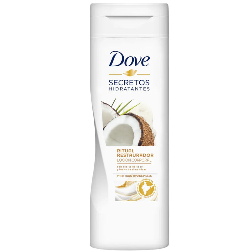 Loção Hidratante Corporal DOVE Coco - embalagem de 400ml com ingredientes de coco e proteção da pele.