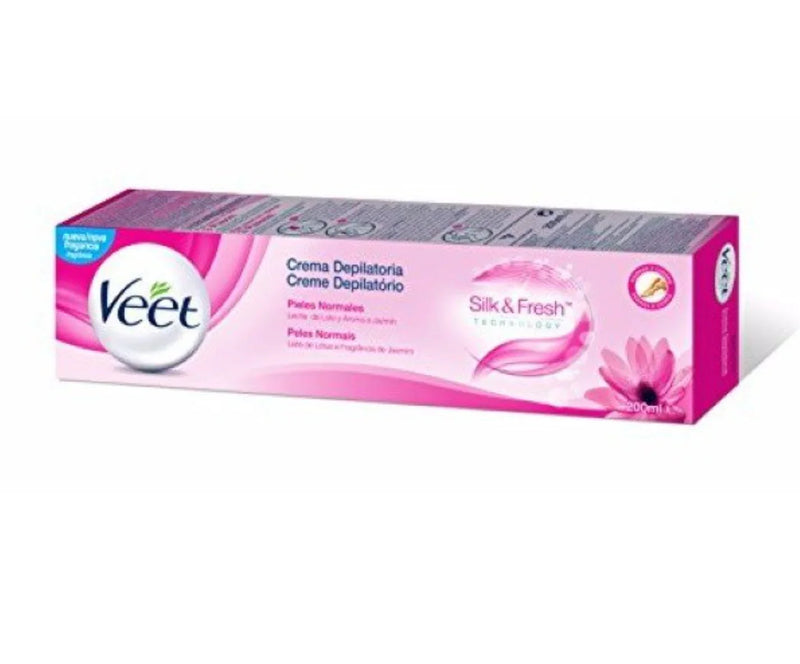 Creme Depilatório VEET Silk & Fresh 100ml, ideal para peles normais, com leite de lótus e fragrância de jasmim.
