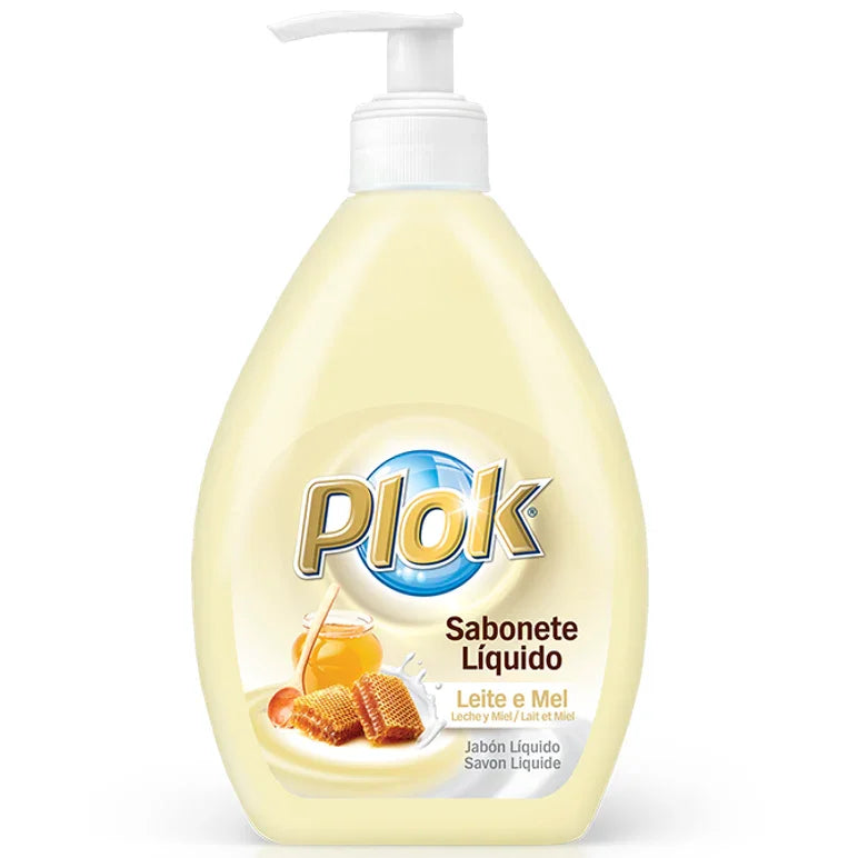 Sabonete Líquido Leite e Mel com Doseador 600ml da marca Plok, embalagem de sabonete suave para as mãos.