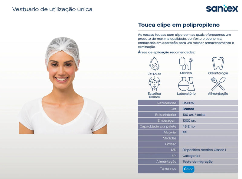 Toucas Clip Brancas Descartáveis em polipropileno para uso em limpeza, medicina e estética, pack de 100un.