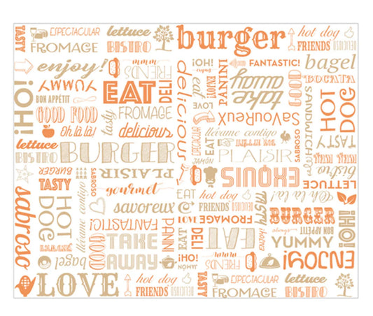 Papel Folha Anti-Gordura Parole 28x34 cm com palavras relacionadas a comida e hamburgers, design colorido e atrativo.