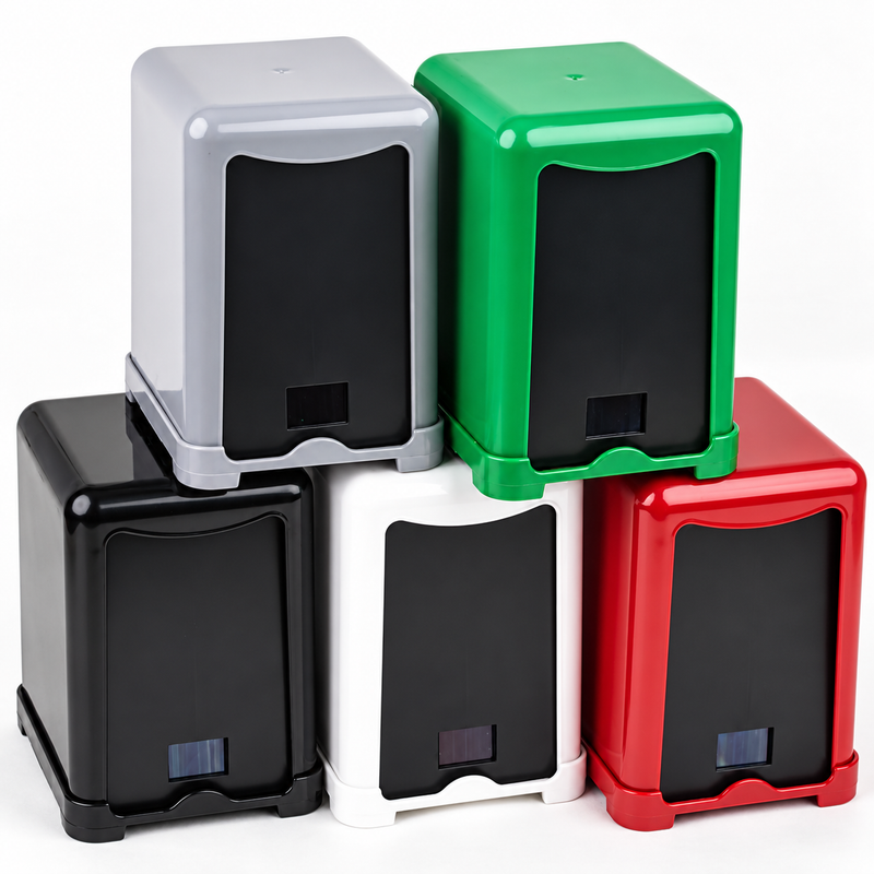 Dispensador Guardanapos L 17x17 em várias cores: preto, branco, verde, vermelho e prateado, ideal para serviço de cafetaria.
