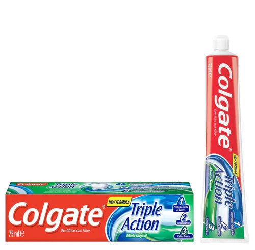 Pasta Dentífrica COLGATE TRIPLE ACTION 75ml, embalagem e tubo de pasta de dentes da Colgate.
