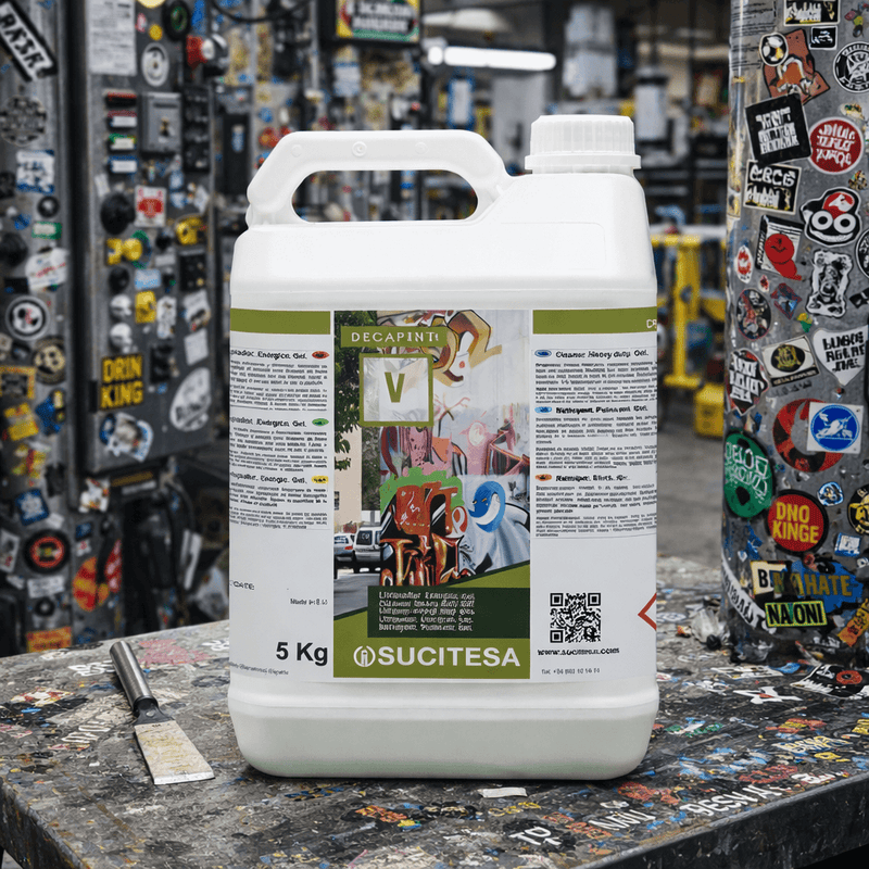 Garrafão de Detergente Removedor de Colas e Adesivos 5 Litros Profissional da marca DECAPINT V do fabricante SUCITESA em uso numa superficie industrial cheia de autocolantes