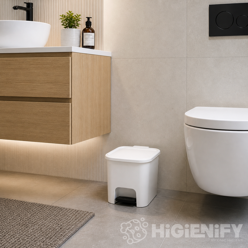 Balde de Lixo com Pedal 7L em banheiro moderno, com acabamento branco e design compacto.