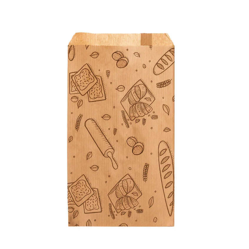 Saqueta Papel Kraft Decorada 9+6x24cm Take Away Pão Bolos Croissants Padaria Pastelaria Café Restaurante