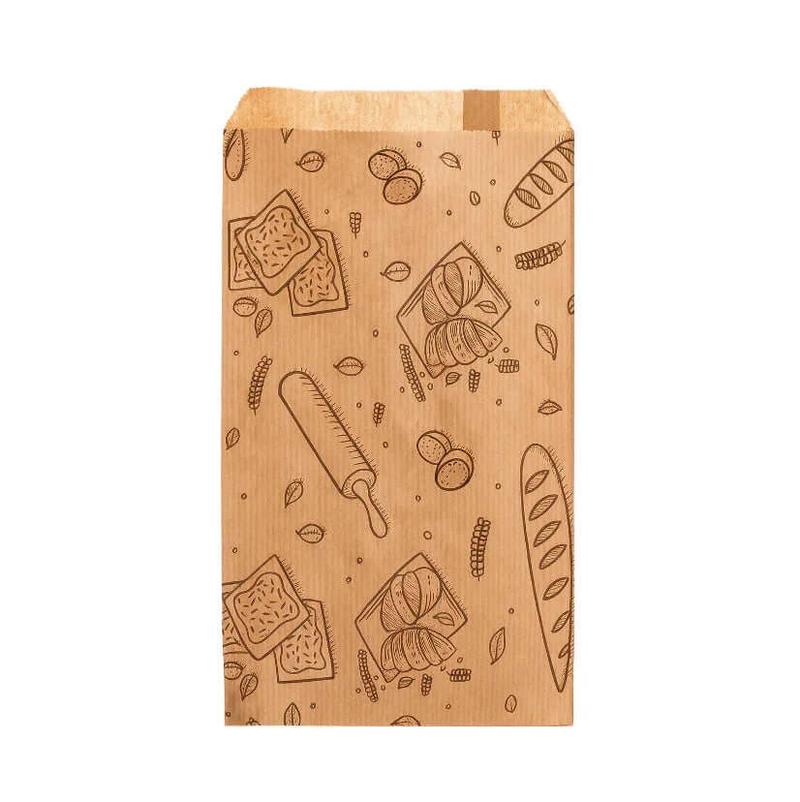 Saqueta Papel Kraft Decorada 14+7x27cm Padaria Pastelaria Bar Take Away Pão Croissant Bolos Restaurante