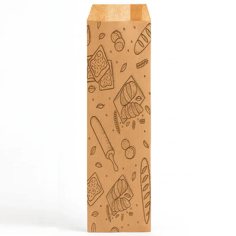 Saqueta Papel Kraft Decorada 12+6x58cm BAKERY S012 Padaria Pastelaria Pão Baguete 