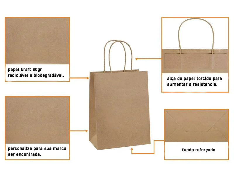Saco Kraft Asa Torcida 32+21x33cm Take Away Comida Menu Restaurante Compras