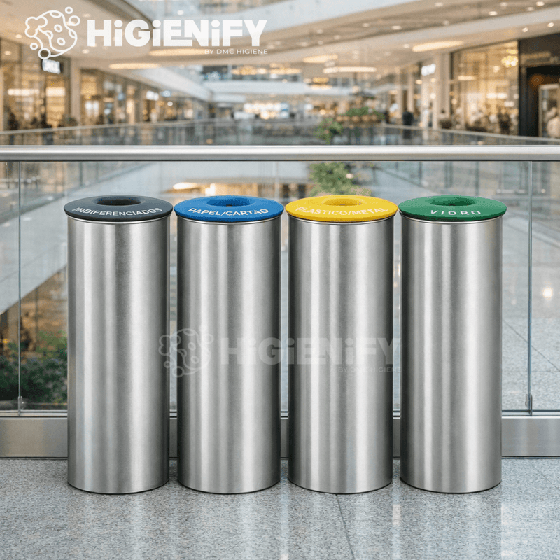 Ecoponto Inox Cilíndrico Individual com Tampa Amarela em ambiente comercial, ideal para gestão de resíduos em empresas e escritórios