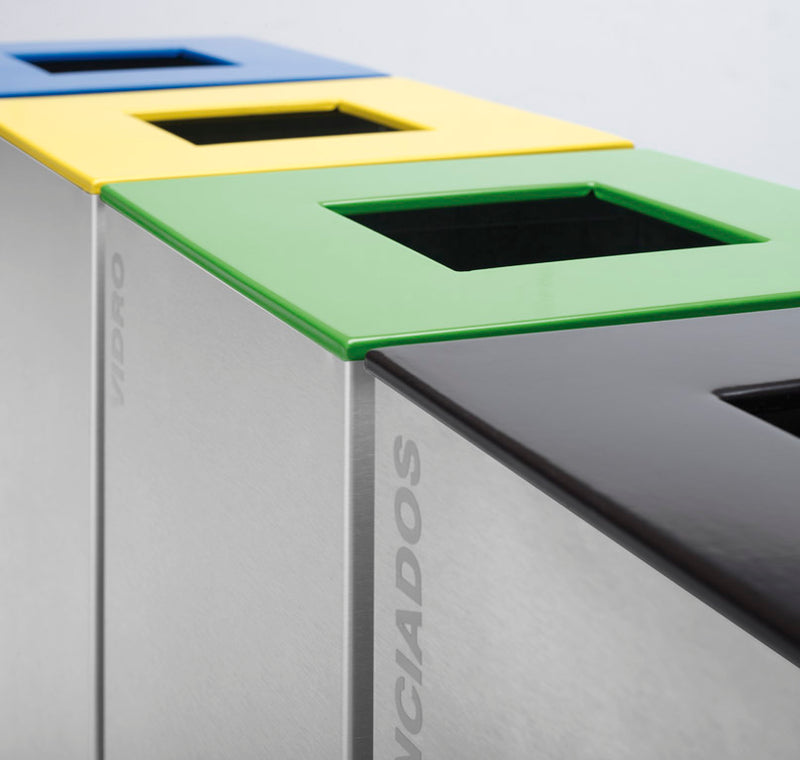 Ecoponto em Bloco Cinzento com 4 Separadores, resistência em aço pintado com tampas coloridas.