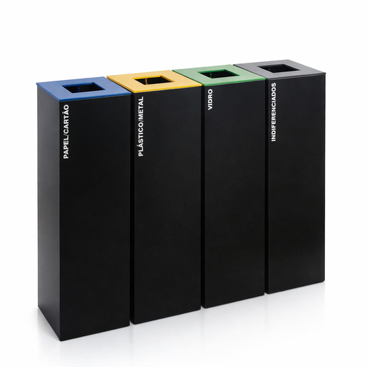 Ecoponto em Bloco Preto com 4 Separadores, contendo recetáculos para papel, plástico, vidro e resíduos indiferenciados, perfeito para empresas