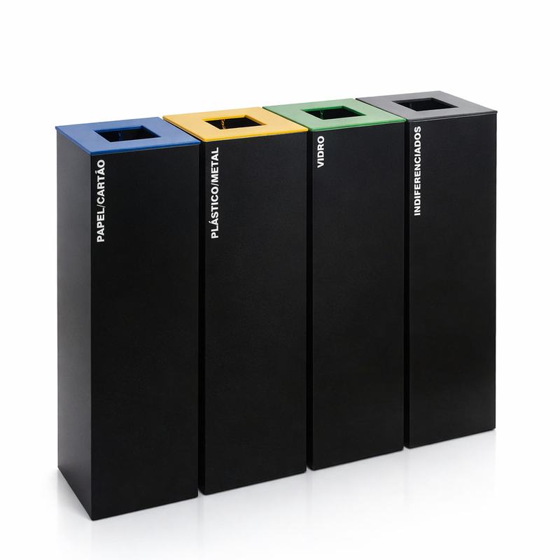 Ecoponto em Bloco Preto com 4 Separadores, contendo recetáculos para papel, plástico, vidro e resíduos indiferenciados, perfeito para empresas