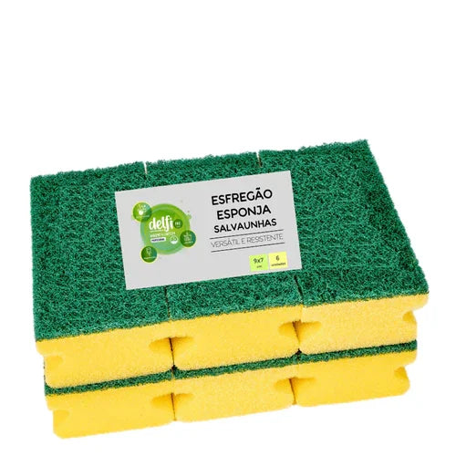 Esfregão Esponja SalvaUnhas | Pacote com quatro unidades, design prático em amarelo e verde, ideal para limpezas.