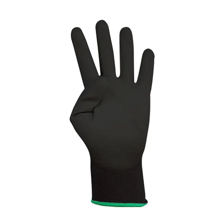 Luva de Trabalho em Nylon com Revestimento Poliuretano, preta, ideal para proteção e resistência a químicos.