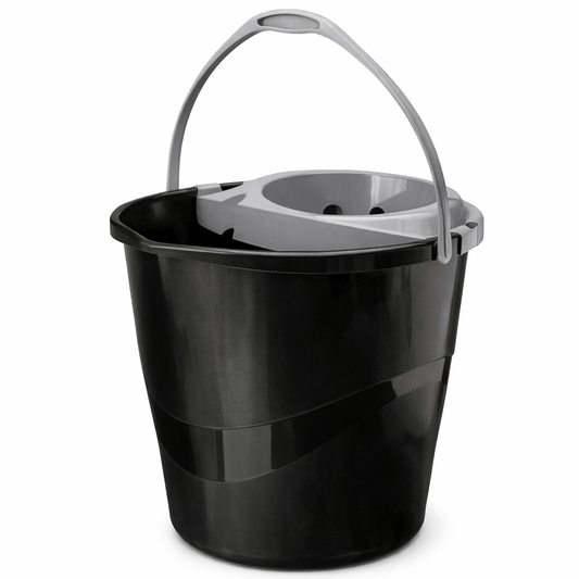 Balde Redondo com Espremedor 10L em plástico preto, ideal para limpezas pontuais e domésticas.