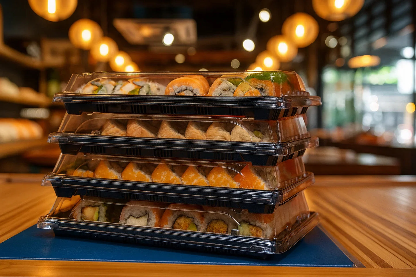 Embalagem Sushi Preta PS Take Away com Tampa 22x14cm Restaurante Asiático Japonês Bar Menu Comida  