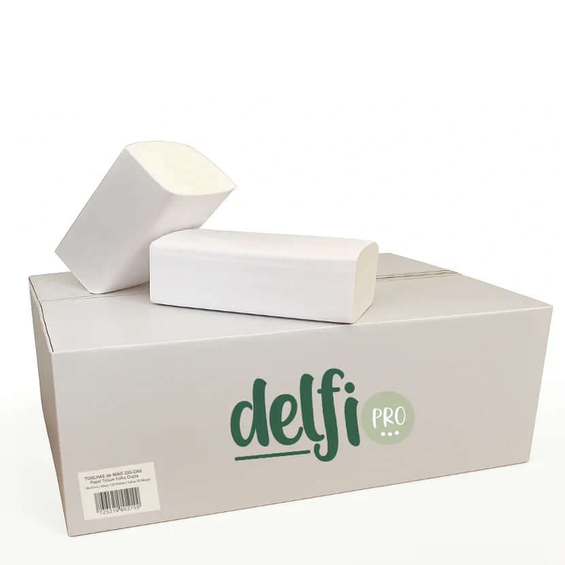 Papel Toalhas de Mãos Zig-Zag Tissue 2F 19x21cm Delfi Pro em caixa para uso profissional