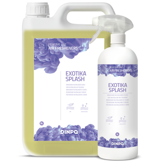 Desodorizante Neutralizador de Odores Profissional em embalagem de 1 e 5L, Dinpq Exotika Splash.