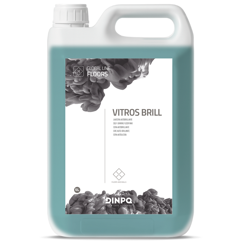 Detergente Pavimentos Neutro Autobrilhante DINPQ VITROS BRILL 5L em garrafa, ideal para limpeza e brilho de pavimentos.
