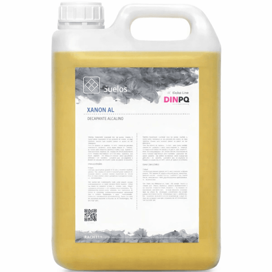 Decapante de Ceras Universal DINPQ XANON AL em garrafão de 5 litros, ideal para remoção de polímeros acrílicos em pavimentos, de uso profissional