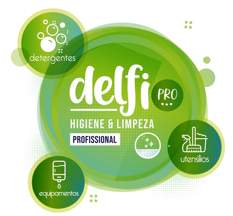 Logotipo da DELFI PRO, Higiene & Limpeza, destacando detergentes, utensílios e equipamentos.