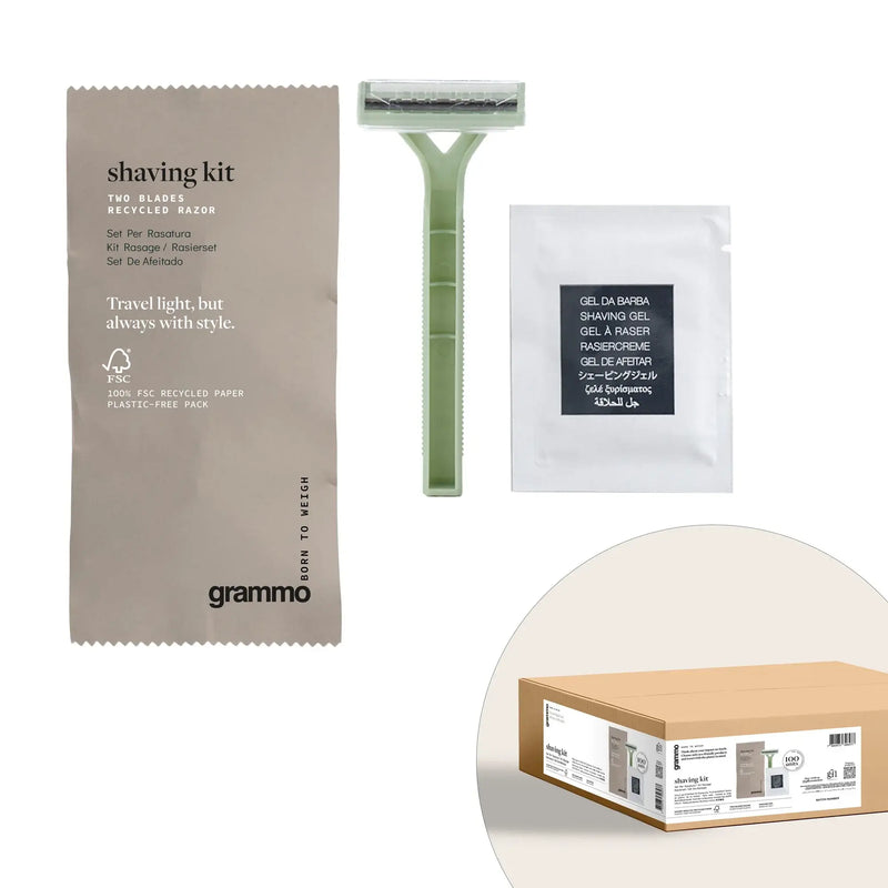 Kit de Barbear Descartável com lâmina reciclada e sachê de gel, prático para hotelaria.