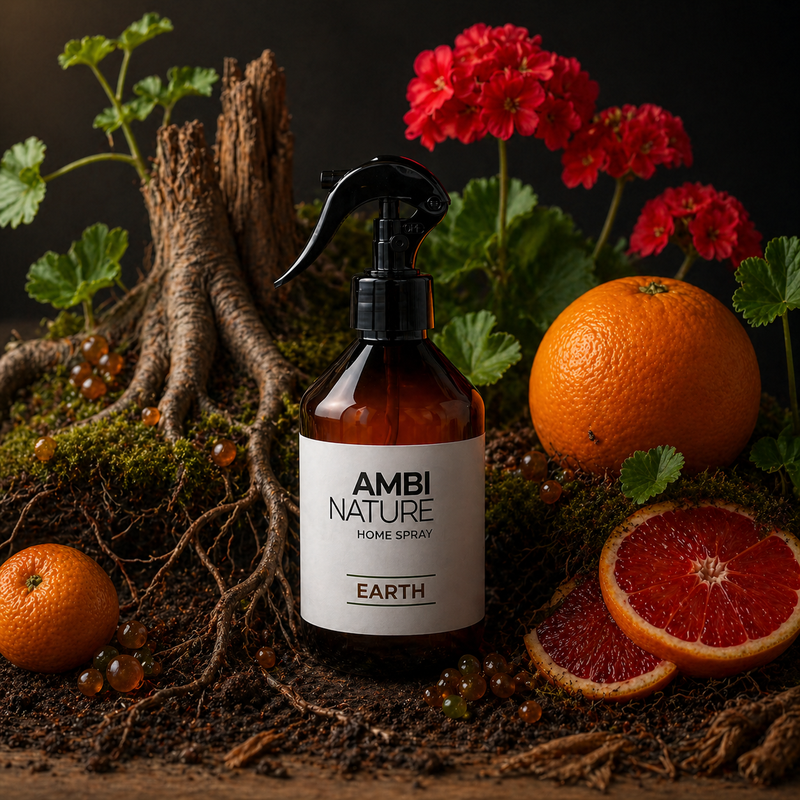 Ambientador Líquido Premium Earth de AMBINATURE, com aroma oriental-cítrico, 500ml, sobre solo e frutas, evocando um tom terroso amadeirado