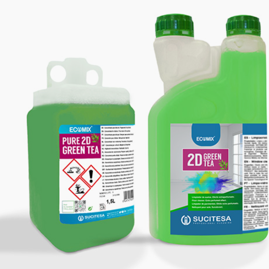 ECOMIX PURE 2D GREEN TEA Detergente Pavimentos Neutro Perfumado Concentrado Diluição Profissional FLK 1,5L Empresas