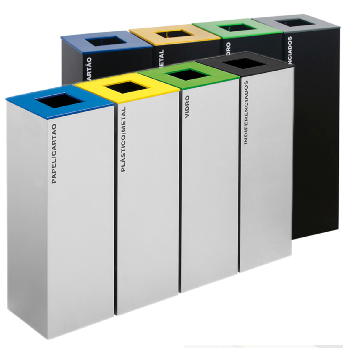 ECOPONTO BLOCO RETANGULAR Inox Metal Cinzento Preto Separação Resíduos Reciclagem Profissional Empresas Exterior Papel Cartão Plástico Indiferenciado