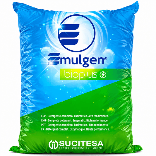 Saco de detergente em pó super enzimático Emulgen Bioplus 20Kg da SUCITESA para máquina roupa industrial.