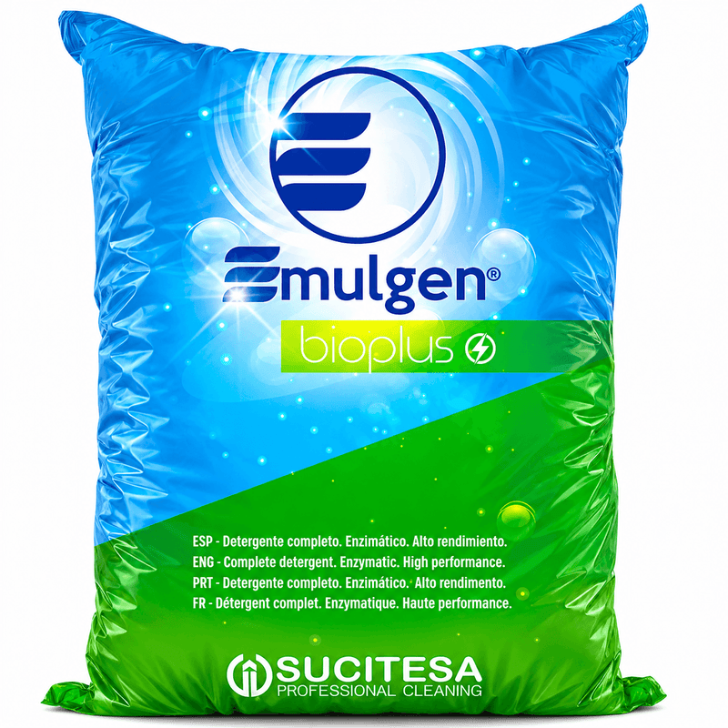Saco de detergente em pó super enzimático Emulgen Bioplus 20Kg da SUCITESA para máquina roupa industrial.
