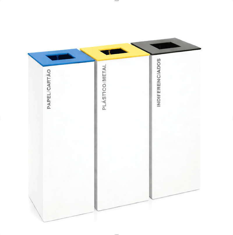 Ecoponto em Bloco Branco com 3 Separadores, contendo separadores para papel, plástico e indiferenciados.