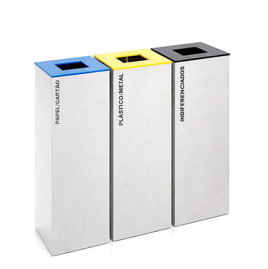 Ecoponto em Bloco Inox com 3 Separadores em aço inox escovado. Separadores para papel, plástico e indiferenciados, perfeito para empresas