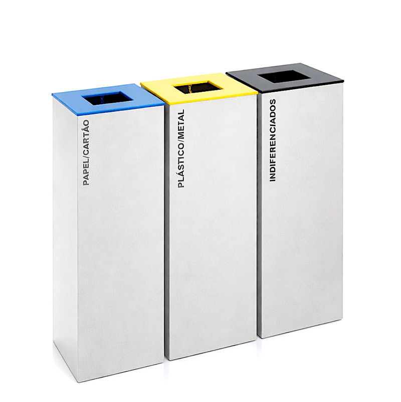 Ecoponto em Bloco Inox com 3 Separadores em aço inox escovado. Separadores para papel, plástico e indiferenciados, perfeito para empresas