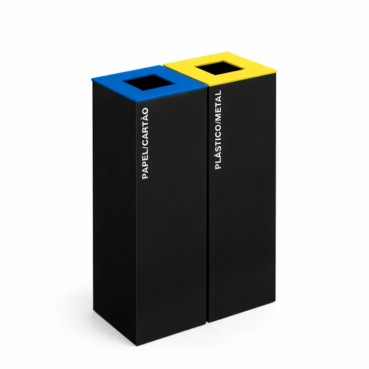 Ecoponto em Bloco Preto com 2 Separadores | DELFI LITE E-2P | Aço Pintado, adequado para reciclagem de papel/cartão e plástico/metal, perfeito para empresas