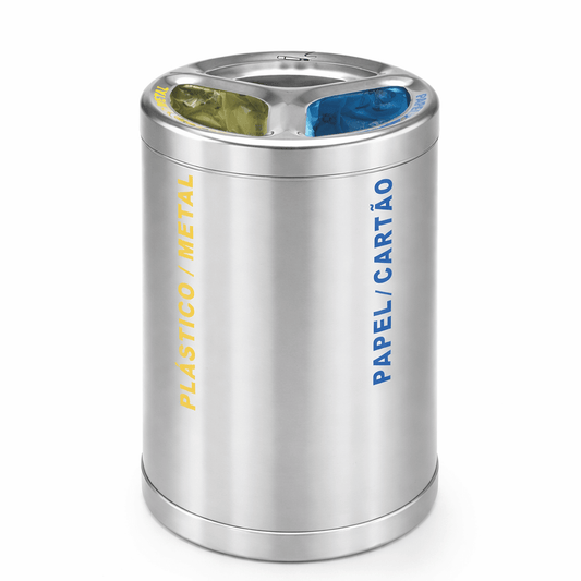 Ecoponto em Bloco Inox Redondo com 3 Separadores, recipiente inox para reciclagem de plástico, metal e papel. Perfeito para empresas