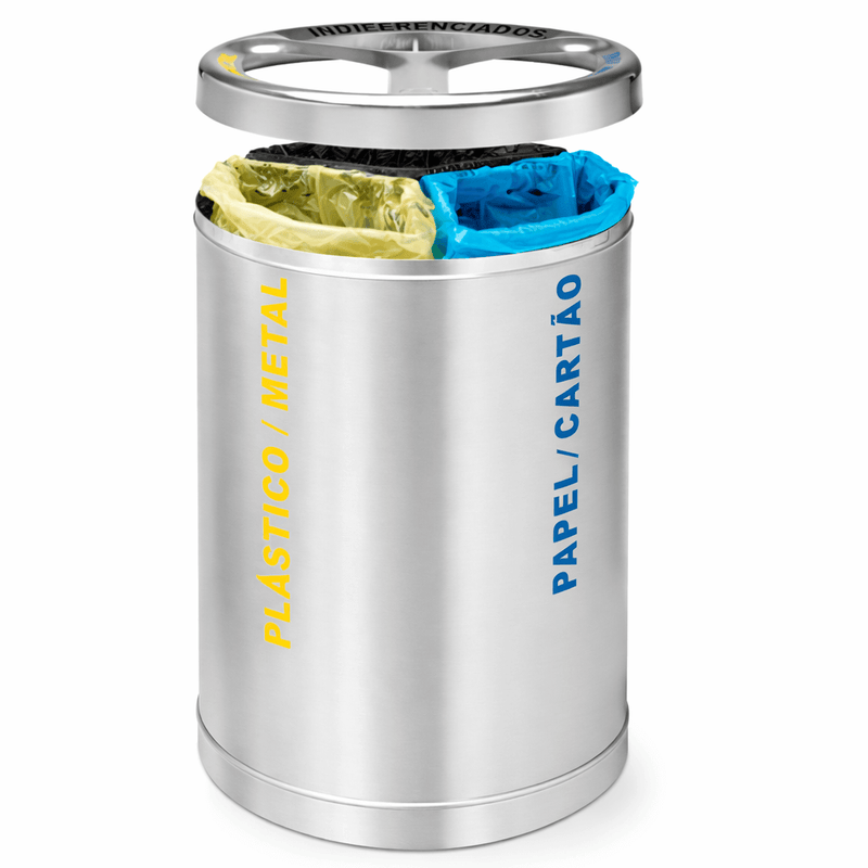 Ecoponto em Bloco Inox Redondo com 3 Separadores para reciclagem de plástico e papel, Perfeito para empresas