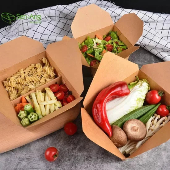 Caixa Take Away Plana 1490ml com saladas, legumes e massas, ideal para take away em restaurantes.