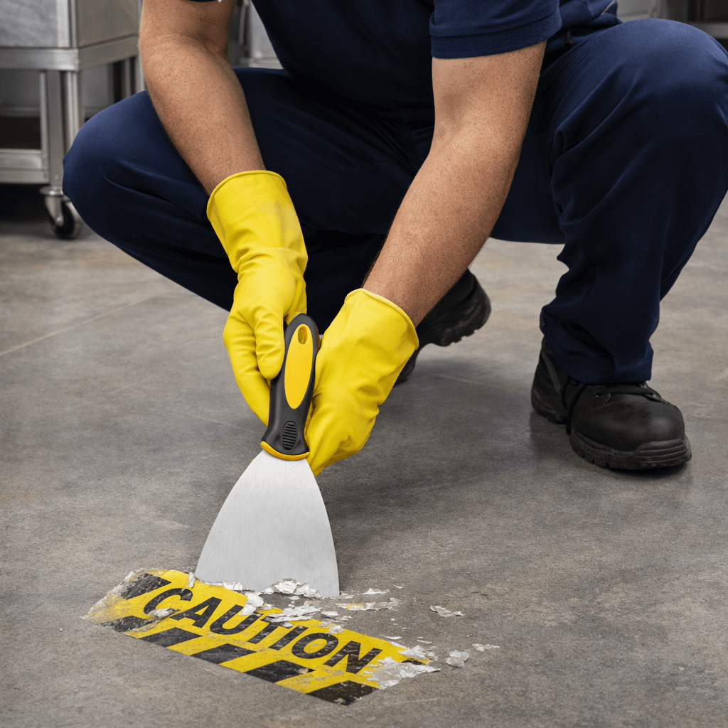 Espátula em Inox com Cabo Bi-Matéria 75mm em utilização por um operador em pavimento industrial