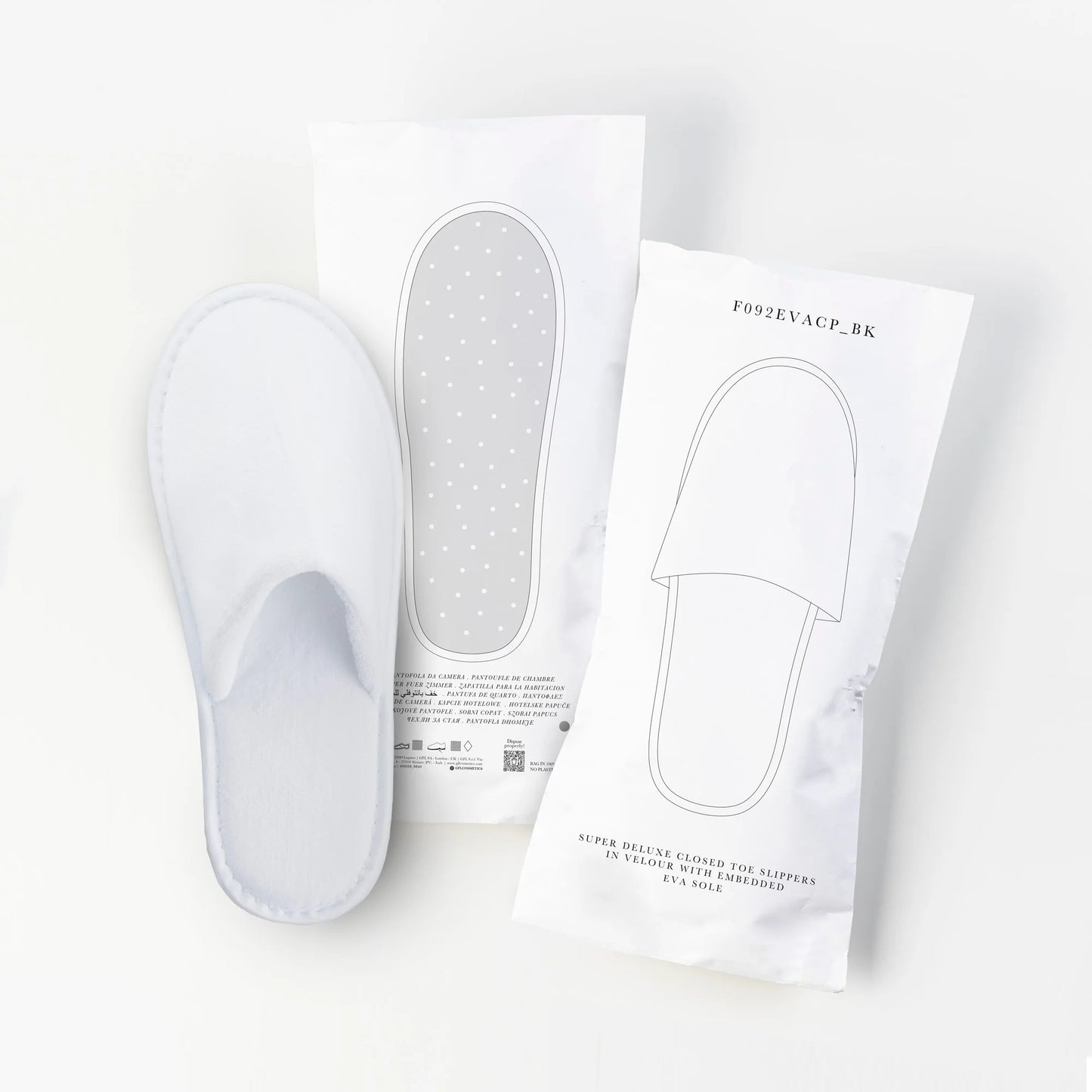 Chinelos de Quarto DELUXE em embalagem, chinelos acolchoados com sola anti-derrapante, embalagem reciclável.