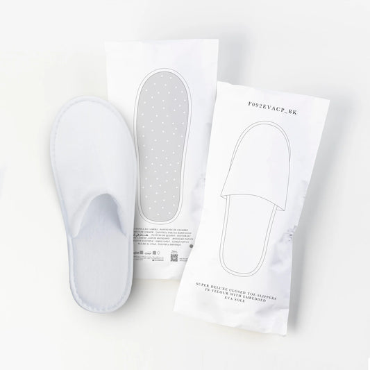 Chinelos de Quarto DELUXE em embalagem, chinelos acolchoados com sola anti-derrapante, embalagem reciclável.