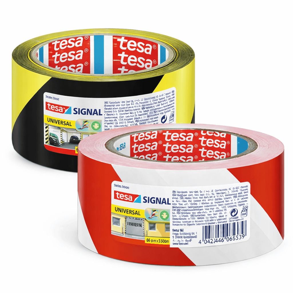 Fita Adesiva Sinalizadora TESA SIGNAL em rolos vermelho e preto com amarelo, 66 metros, ideal para marcar áreas perigosas.