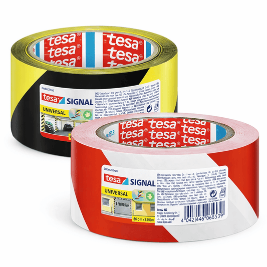Fita Adesiva Sinalizadora TESA SIGNAL em rolos vermelho e preto com amarelo, 66 metros, ideal para marcar áreas perigosas.