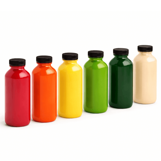 Garrafa PET 250ml Transparente com Tampa em cores variadas, ideal para bebidas e alimentos.