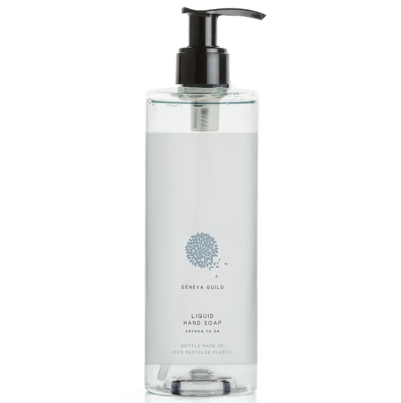 Sabonete Líquido das Mãos Geneva Guild 380ml em frasco transparente com bomba dosadora.