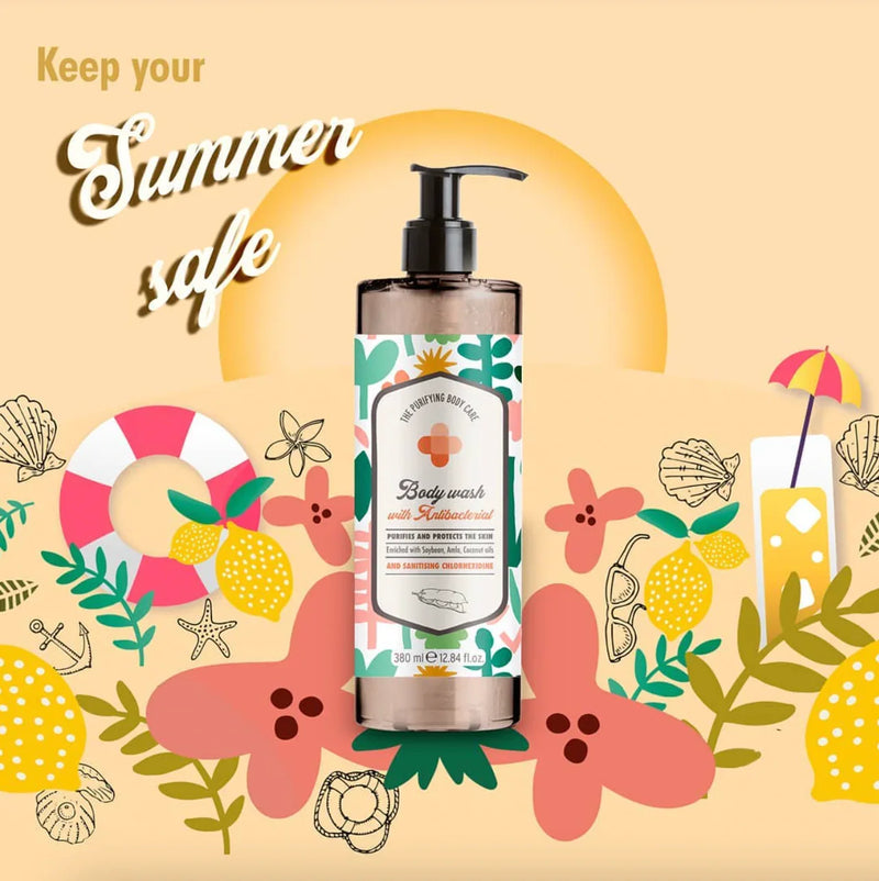 Sabonete Líquido AntiBacteriano GFL Purifying Hand Wash, embalagem de 380ml, com design tropical e motivação de segurança para o verão.