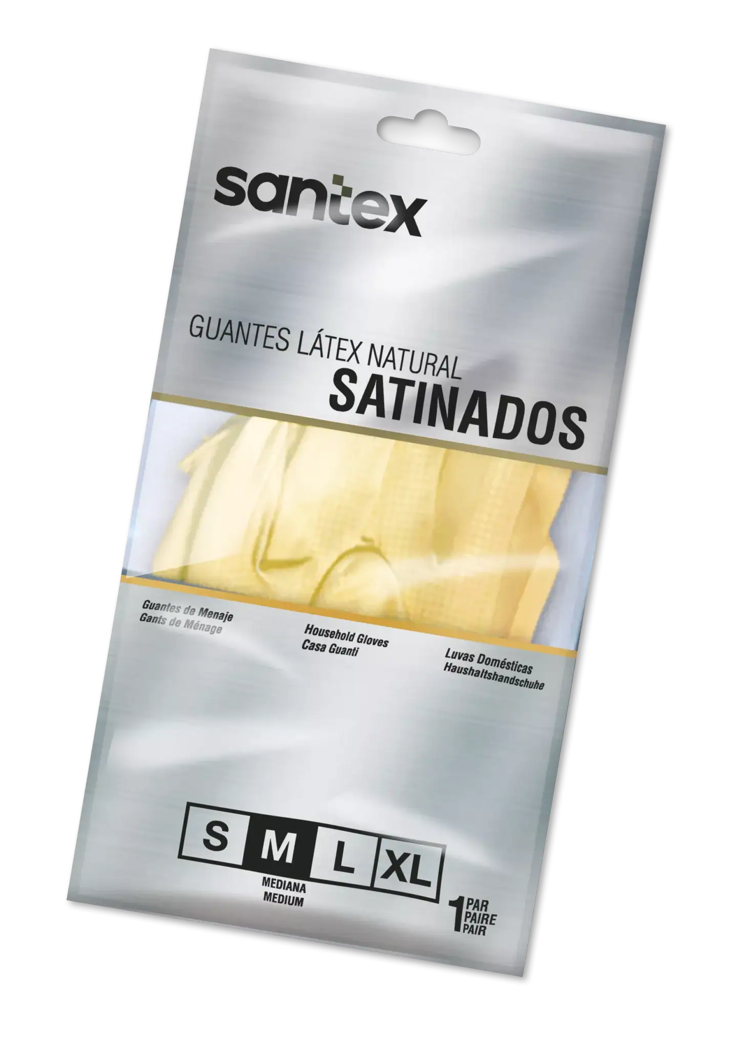Embalagem de Luva Latex Menage Satinada Reforçada Natural Santex, tamanhos S, M, L, XL, 1 par, reutilizável.