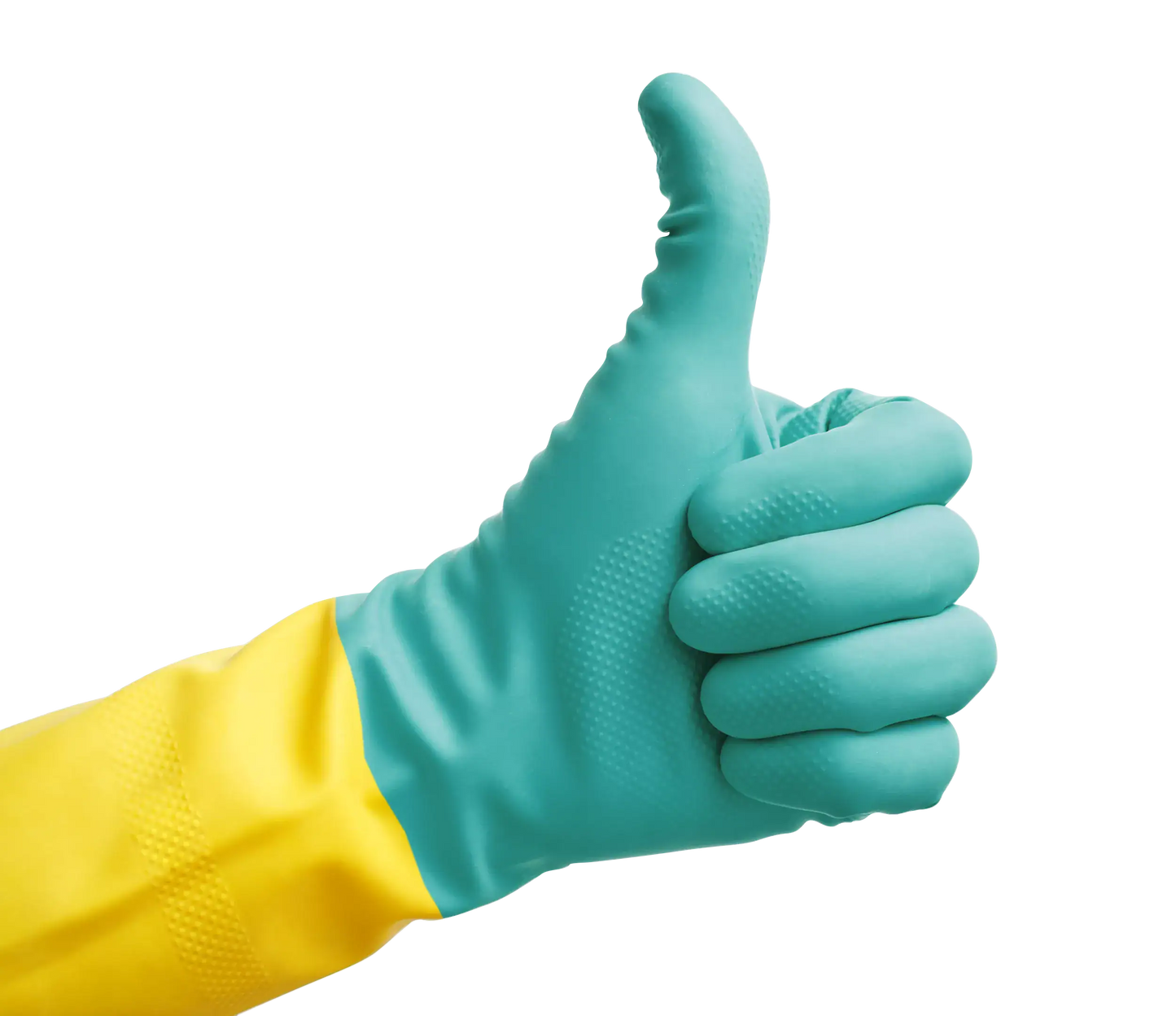 Luva Latex Flocada Reforçada Bicolor com polegar para cima, ideal para limpeza profissional e reutilizável.