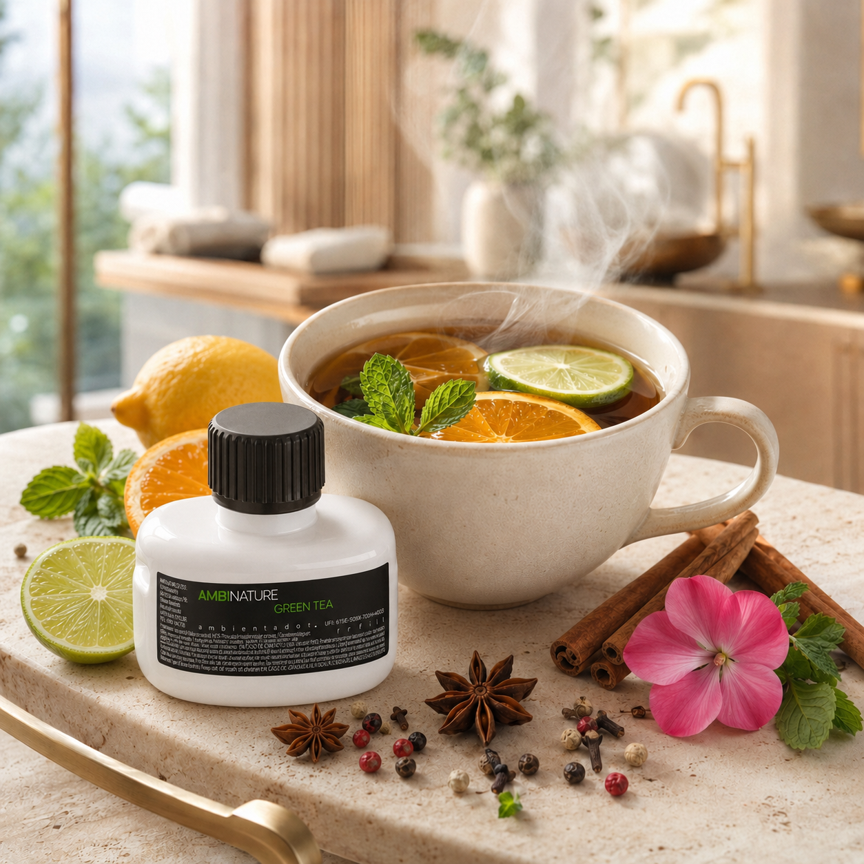 Ambientador Líquido Elétrico Recarga GREEN TEA ao lado de uma chávena de chá com frutas e especiarias.